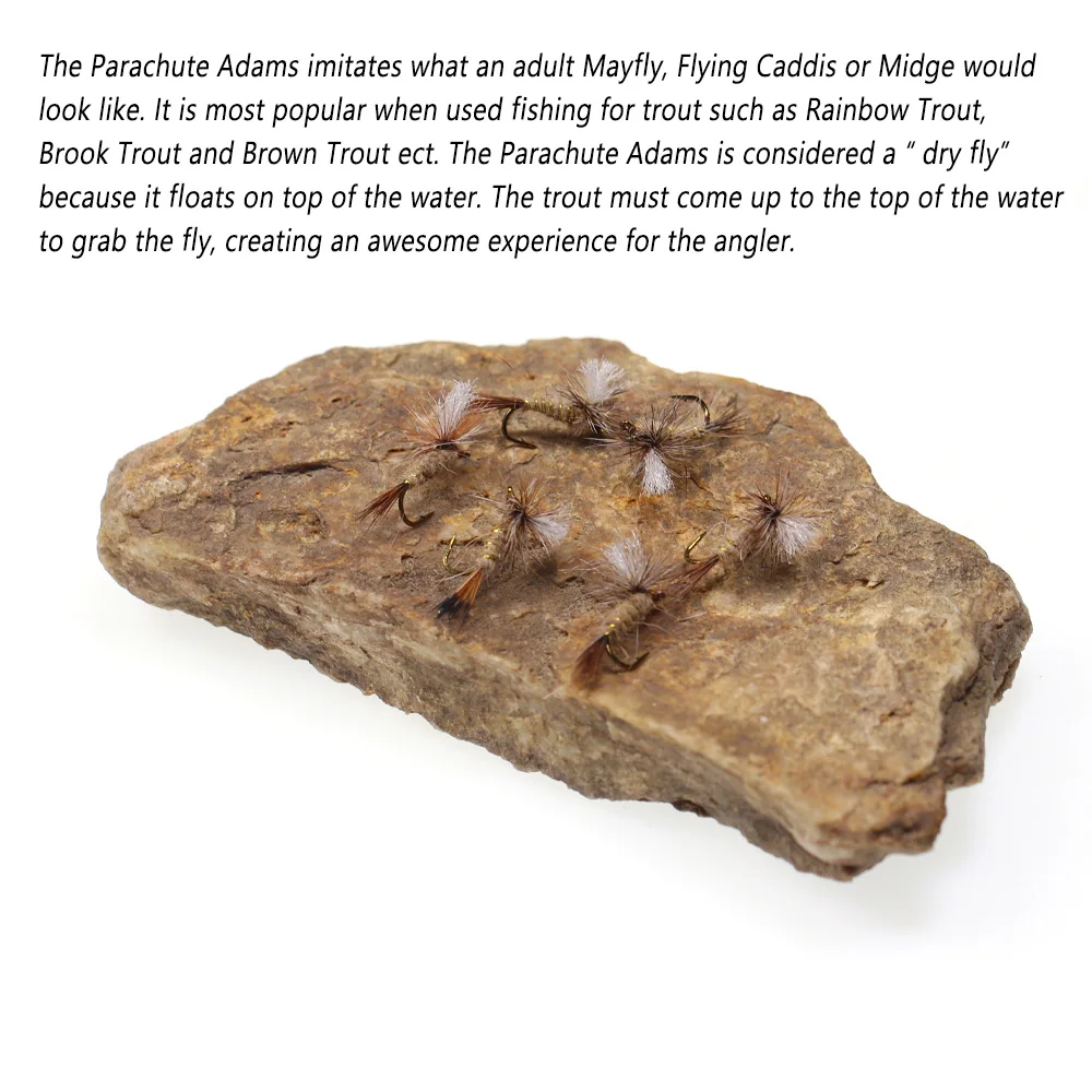 Bimoo 6 uds Grizzly Brown Hackle paracaídas Adams mosca seca anzuelo de mosca con púas May Fly Midge Fly Caddis mosca trucha Señuelos de pesca cebos - imagen 4