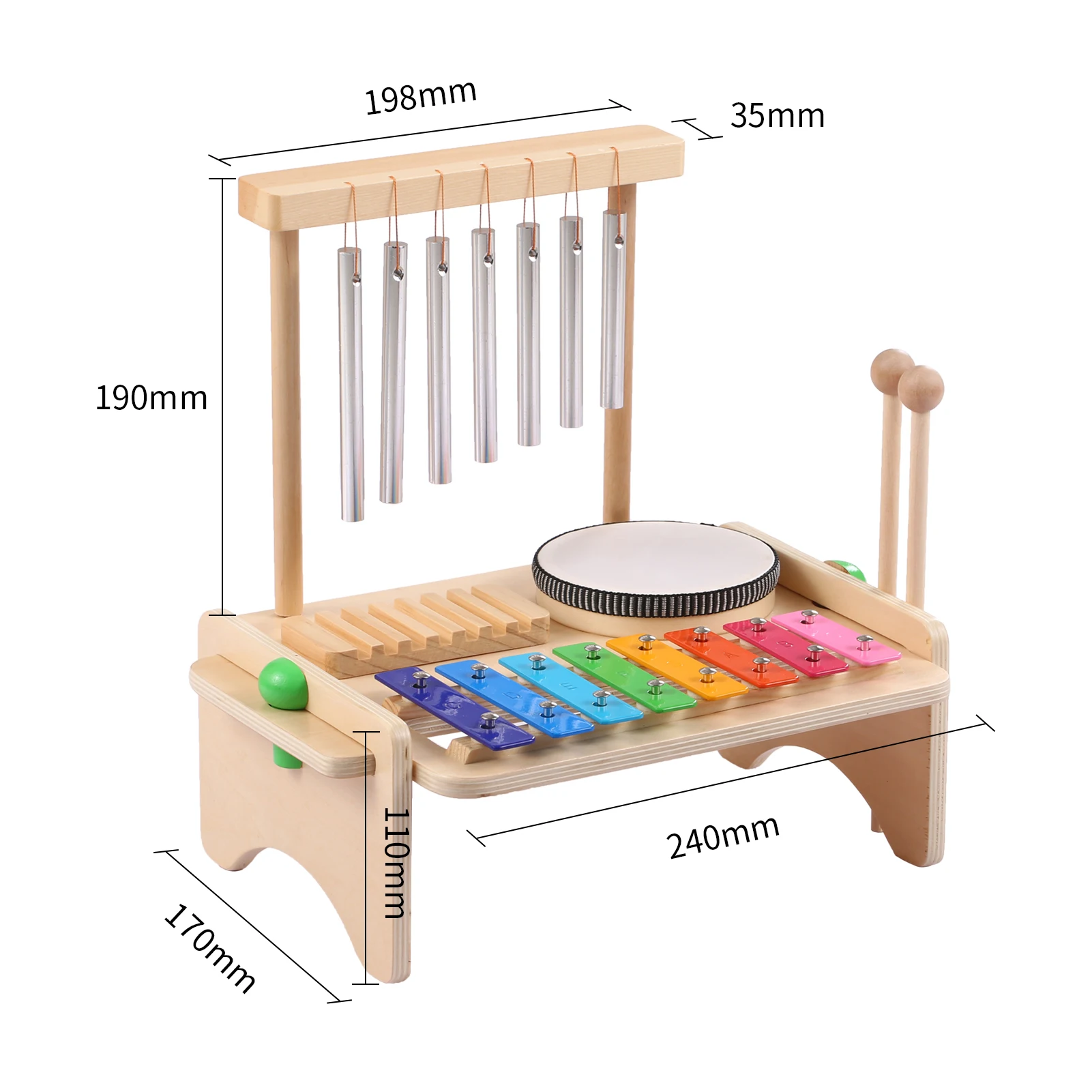 Combinación de carrillón de viento para niños, juego de tambor de xilófono, raspador de Guiro de madera, juego de instrumentos musicales 4 en 1 con 2 mazos - imagen 4