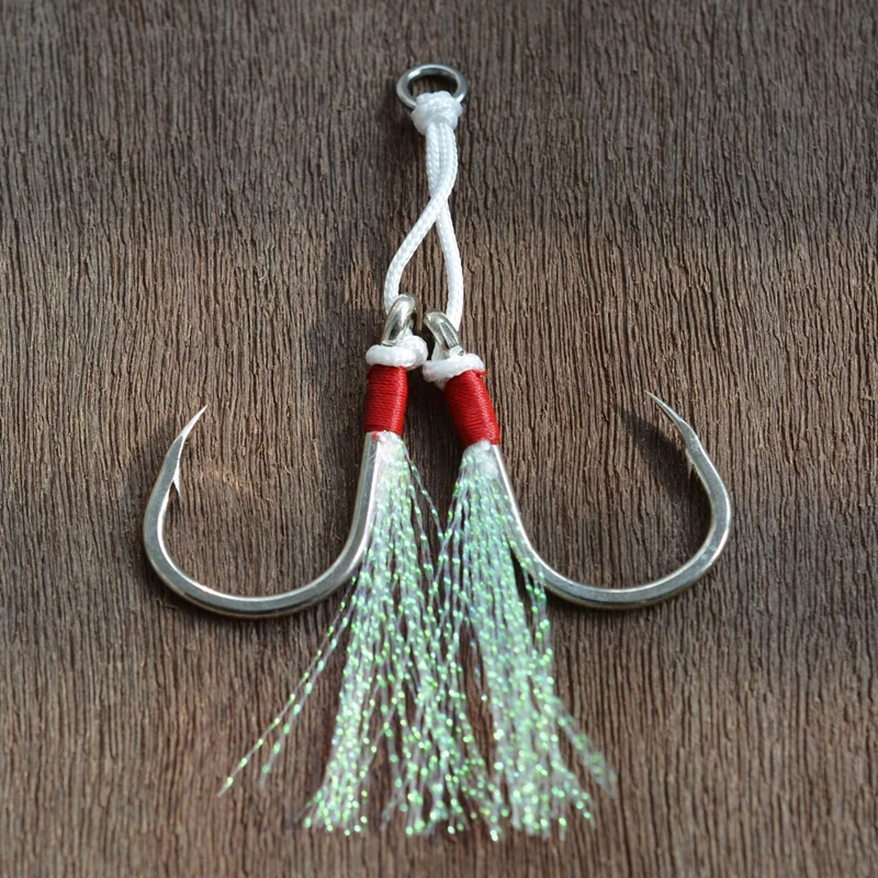 Anzuelos de mariposa para pesca en el océano, gancho de ayuda para Jigging lento, doble luminoso, cordón de gancho teaser y anillo sólido para atún, 2 pares - imagen 5