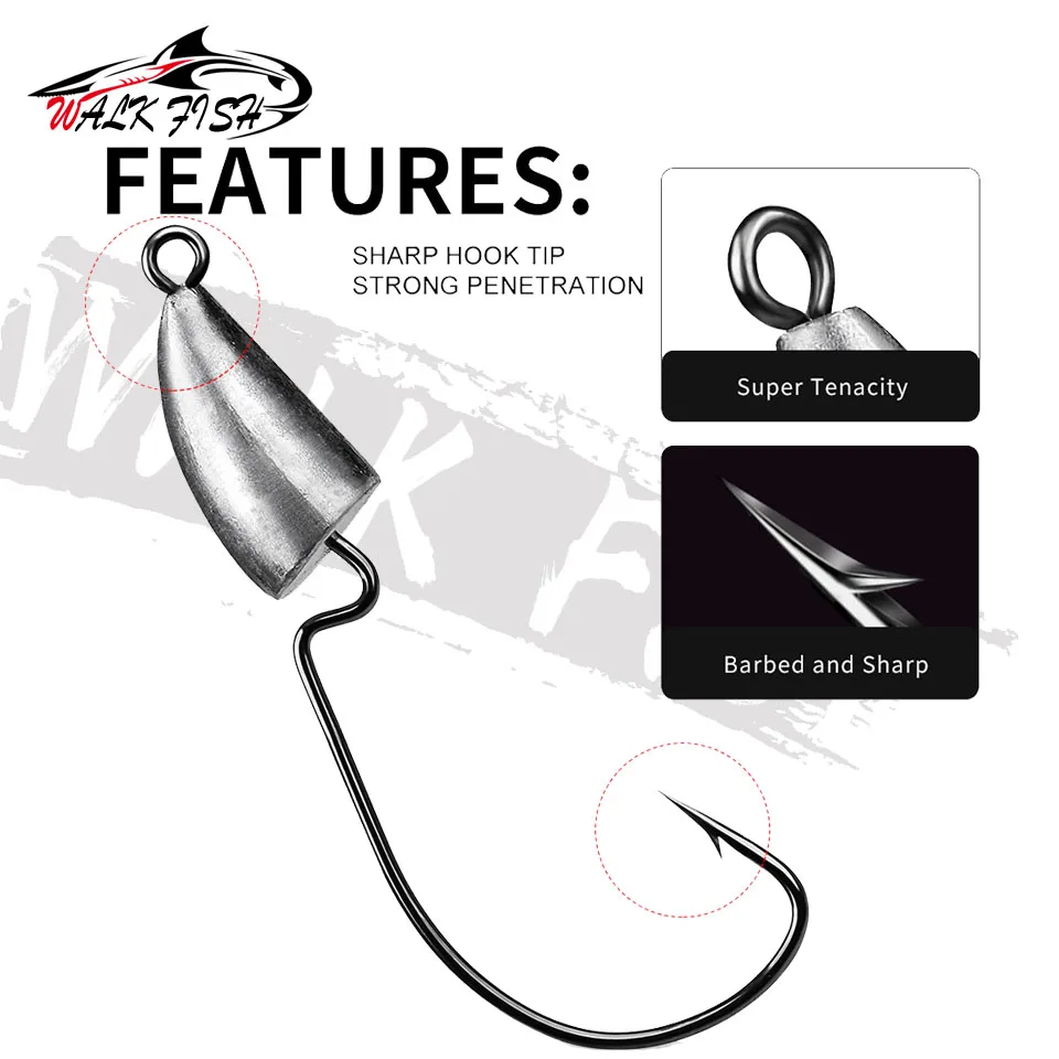 WALK FISH-anzuelo de acero al carbono con cabeza plomada, 5g, 7g, 10g, 14g, gusano Offset, señuelo de pesca, accesorios para aparejos de Texas, 5 uds. - imagen 4