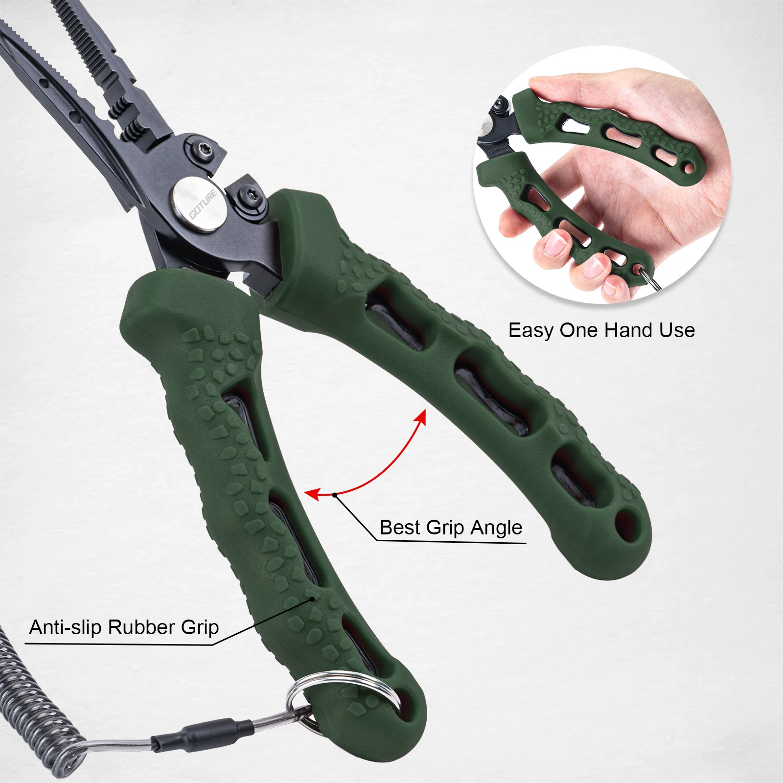 Goture-Alicates de pesca de 7 ", mango de goma antideslizante, multifunción como Alicates de anillo dividido, cortador de línea, removedor de anzuelos, funda crimpadora - imagen 5