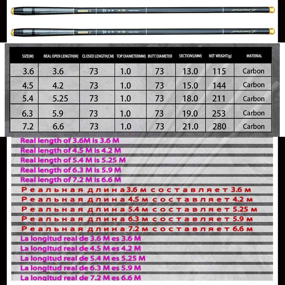 Caña de pescar de carbono superligera para carpa, herramienta de pesca de 73cm de longitud cerrada, 3,6/4,5/5,4/6,3/7,2 M - imagen 4