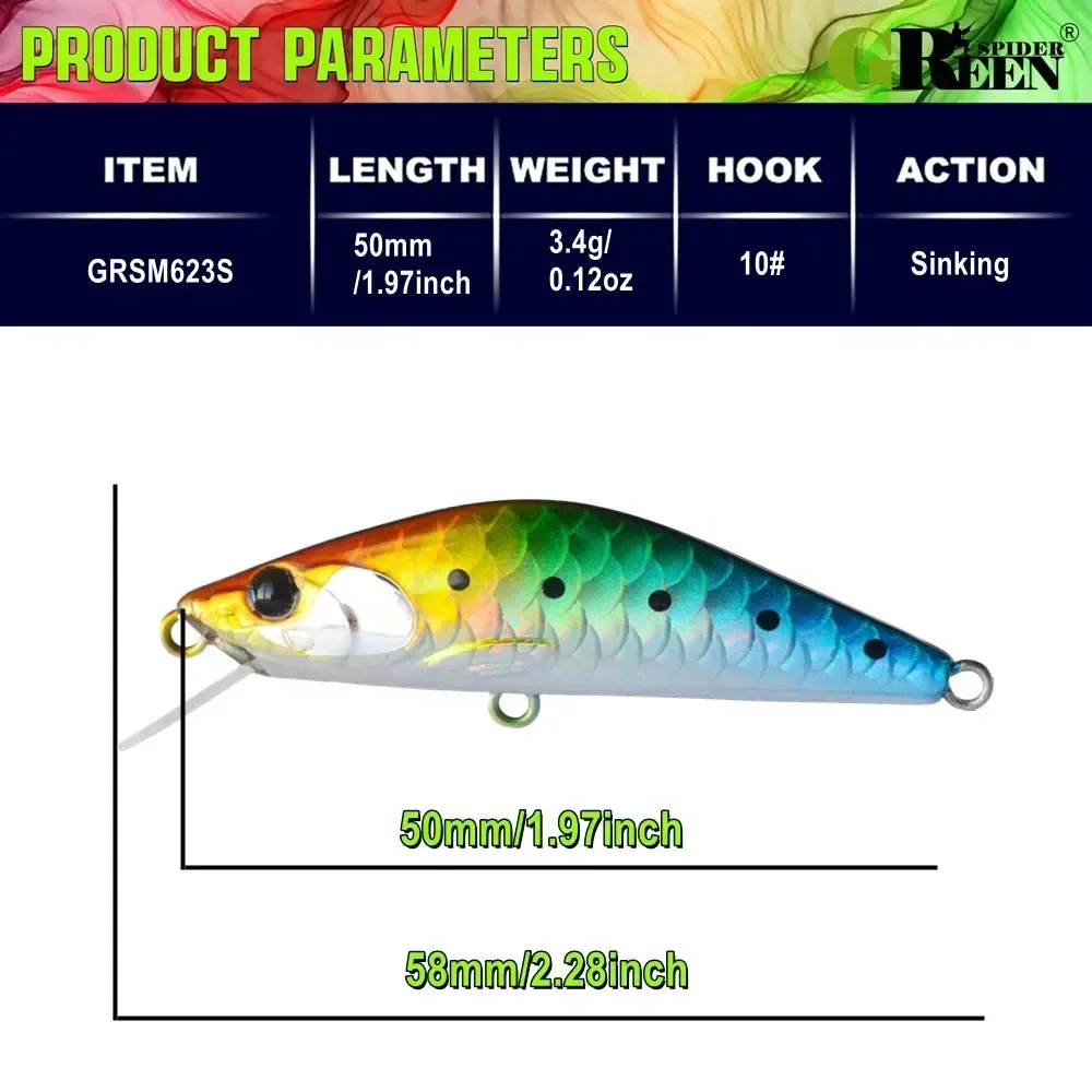 GREENSPIDER 50mm 3,4g Mini Señuelos de Pesca de pececillo que se hunden Jerkbaits Peche cebo Artificial Wobbler señuelo para pesca de carpa lubina y trucha - imagen 3