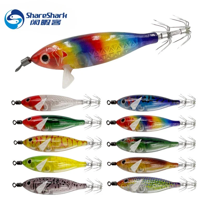 Señuelos de camarones de madera luminosos de simulación de 5,7g, plomo, cebo para camarones, anzuelo para plantillas, anzuelo de calamar, pesca en el mar, pulpo, señuelo de calamar