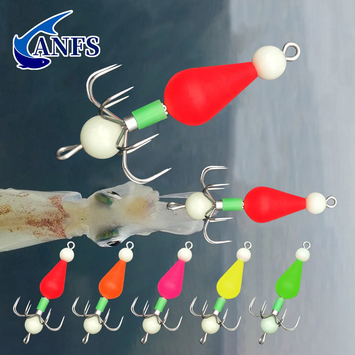 ANFS 5 uds cebo con anzuelo de calamar brillante nocturno con anzuelo afilado de acero inoxidable- Ideal para pesca nocturna, regalo de pesca perfecto para pescador - imagen 3