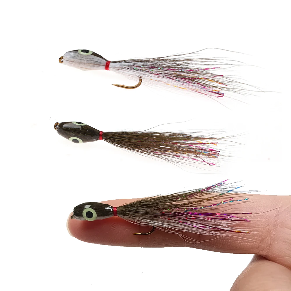 Wifreo 2 piezas/3 piezas # 8 Thunder Creek Minnow Olive White Bucktail 3D ojos luminosos pesca con mosca pequeño cebo señuelo trucha lubina Pike - imagen 5