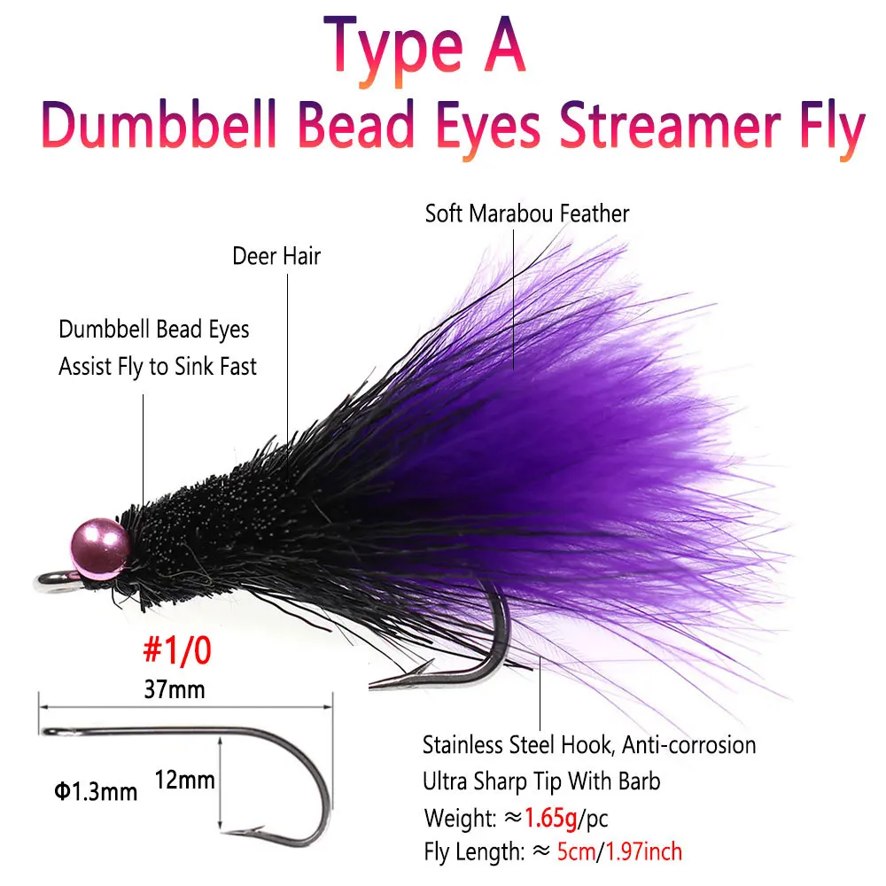 Bimoo-SEÑUELOS de pesca de agua salada, 2 piezas, 1/0, con mancuernas, Ojos de marabú, Streamer, tira de liebre, trucha, Lucio, Steelhead, Musky - imagen 2