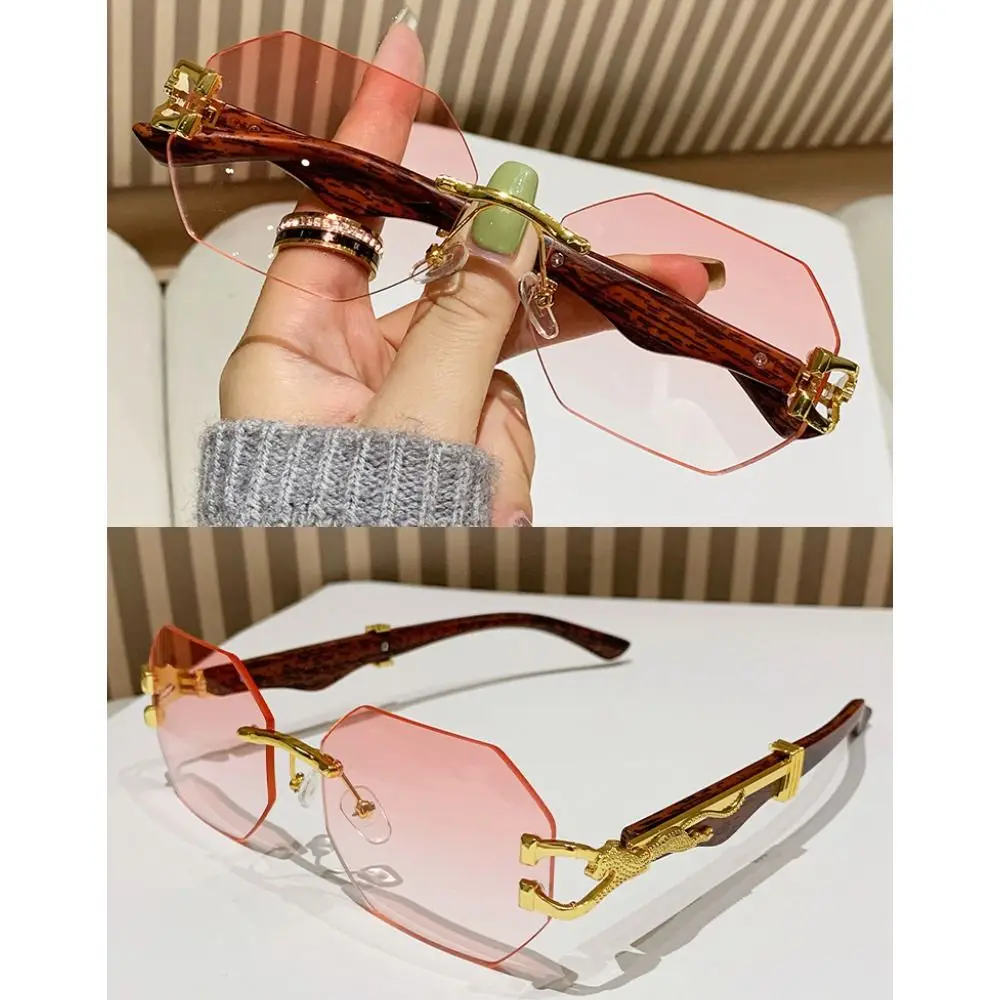 Gafas de sol sin montura Steampunk para hombre y mujer, lentes de sol irregulares de Metal Vintage, de lujo, con cabeza de leopardo - imagen 5