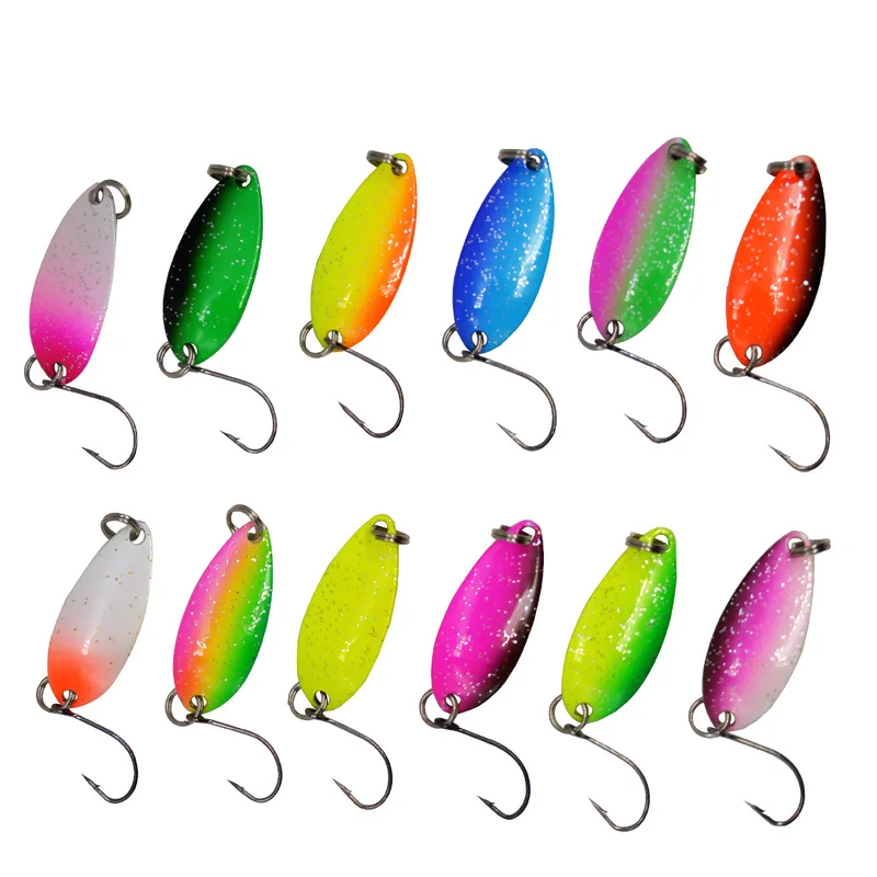 Cuchara de pesca de Metal de doble color, 3g, 33mm, 6 piezas lote con gancho único afilado para pesca de trucha, lubina y caballa, 12 colores - imagen 5