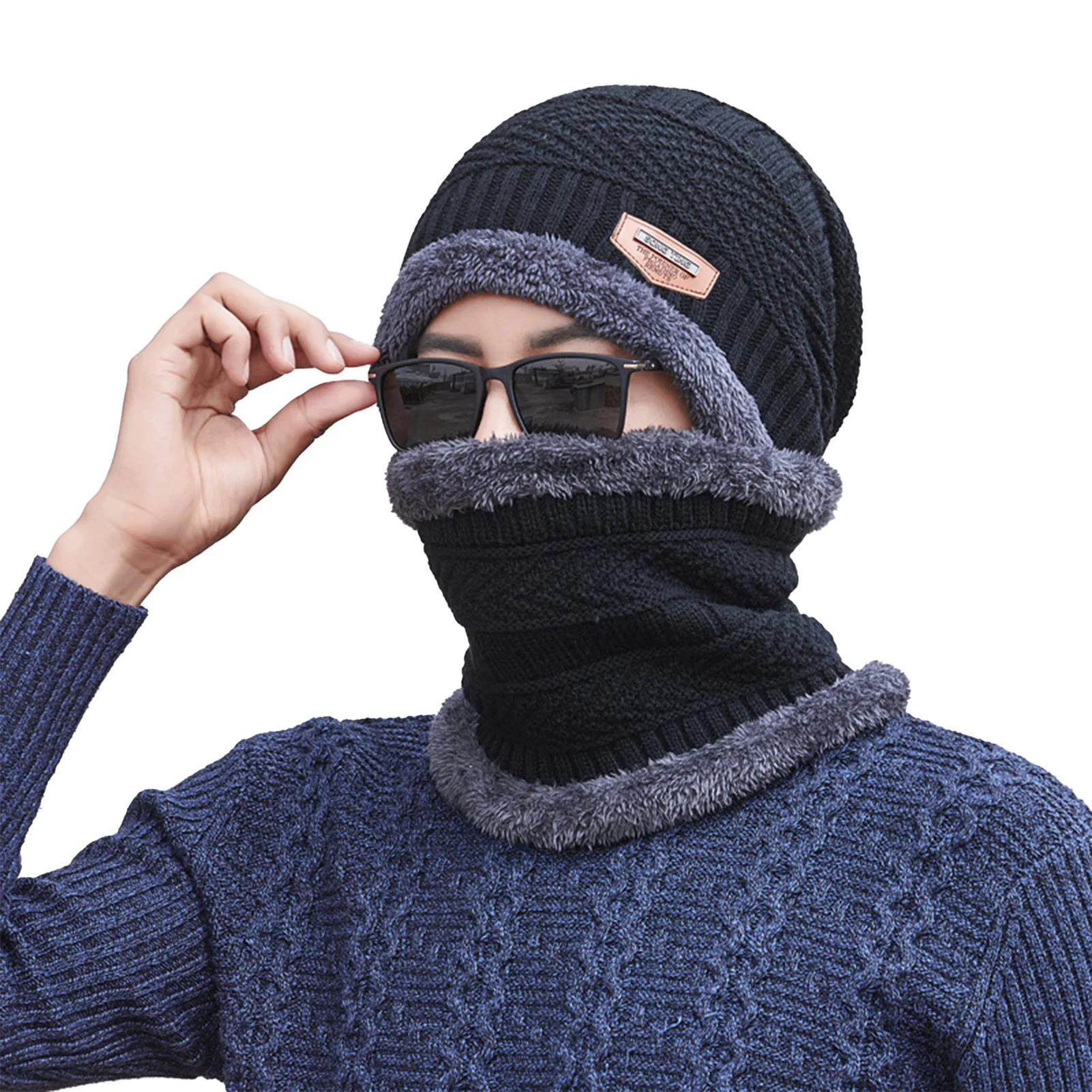 Conjunto de bufanda para senderismo de invierno para hombre, bufanda tejida de felpa gruesa, sombrero para acampar, senderismo, ciclismo, montar, pesca, gorros cálidos, 2 uds. - imagen 5