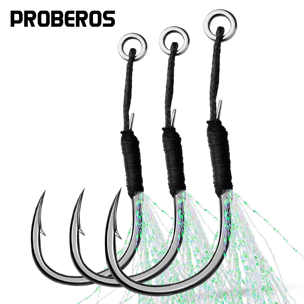 PROBEROS-anzuelos de pesca con púas, anzuelo afilado para cebos blandos, anillo sólido resistente, línea trenzada para pesca en agua dulce y mar, 10 Uds.
