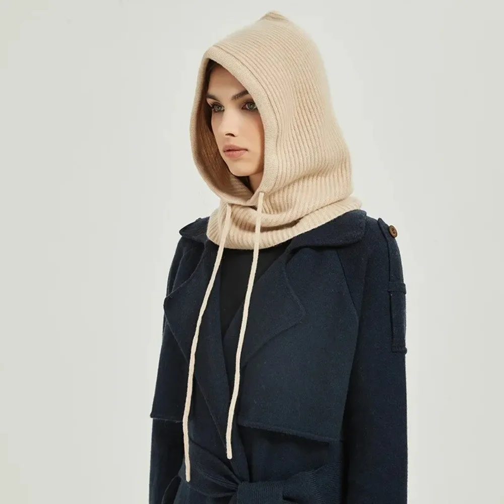 Gorros gruesos de punto con capucha para invierno, gorros elásticos con aislamiento cálido, gorro con cordón ajustable a prueba de viento, cuello de una pieza - imagen 2