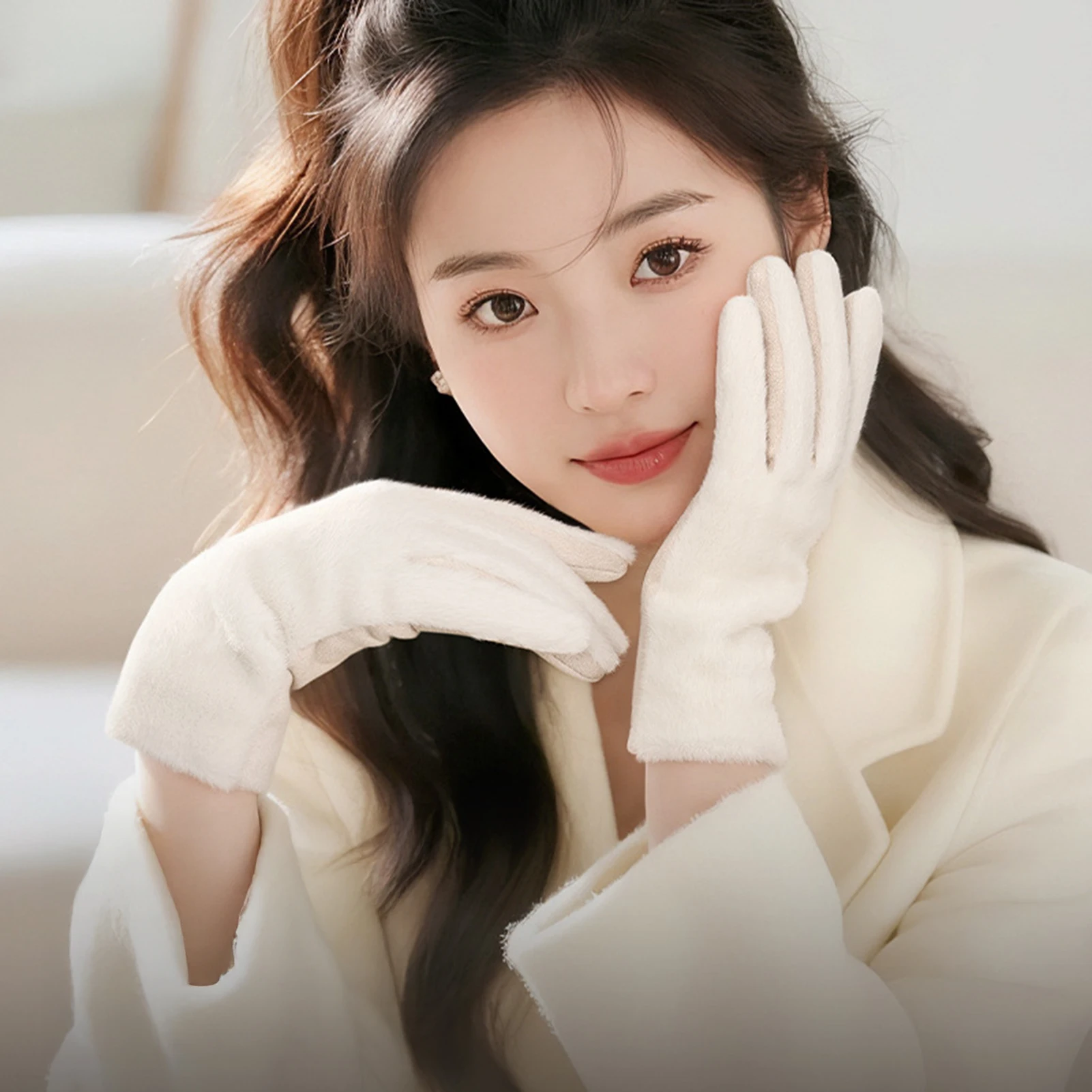 Guantes de invierno para mujer, guantes de felpa a prueba de viento para exteriores, para pesca, ciclismo, Camping, manoplas de tela de ante a la moda con pantalla táctil, 1 par - imagen 2