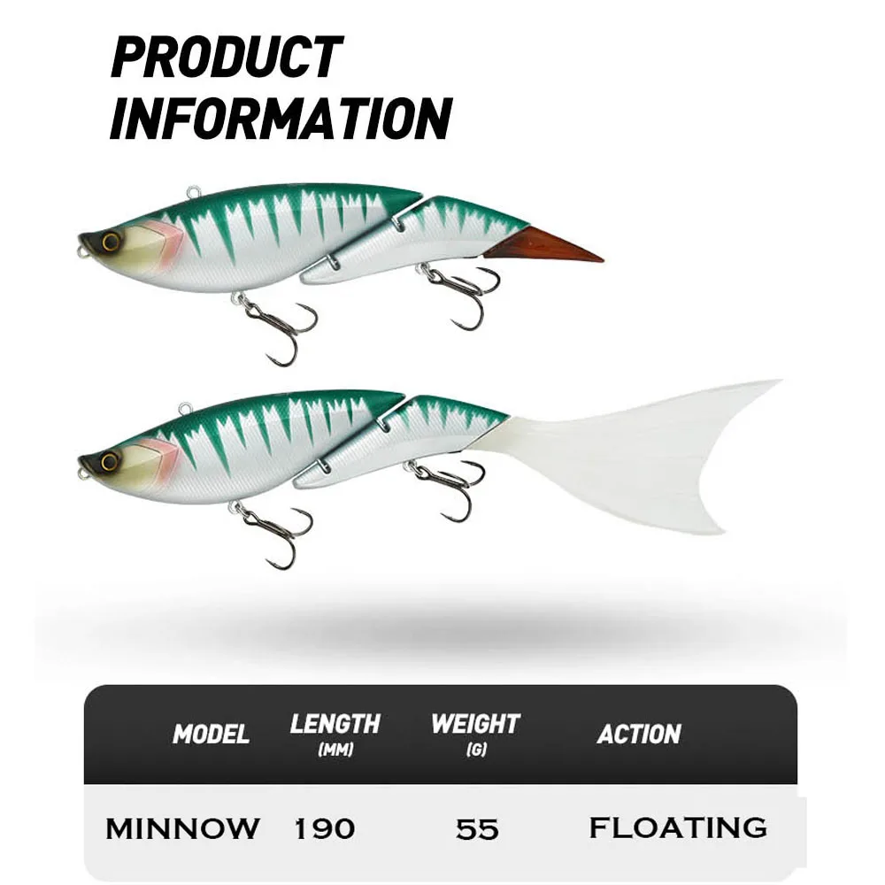 Cebo grande con segmento de vibración flotante, 19cm, 55g, Wobblers, 2 secciones, Swimbait articulado, señuelo de pesca, cebos de cola suave - imagen 2