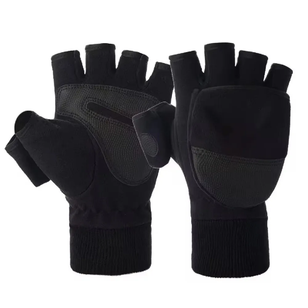 Guantes de invierno negros de alta calidad, cubierta abatible, guantes de montar de medio dedo, guantes de pesca cálidos y transpirables, Unisex - imagen 3