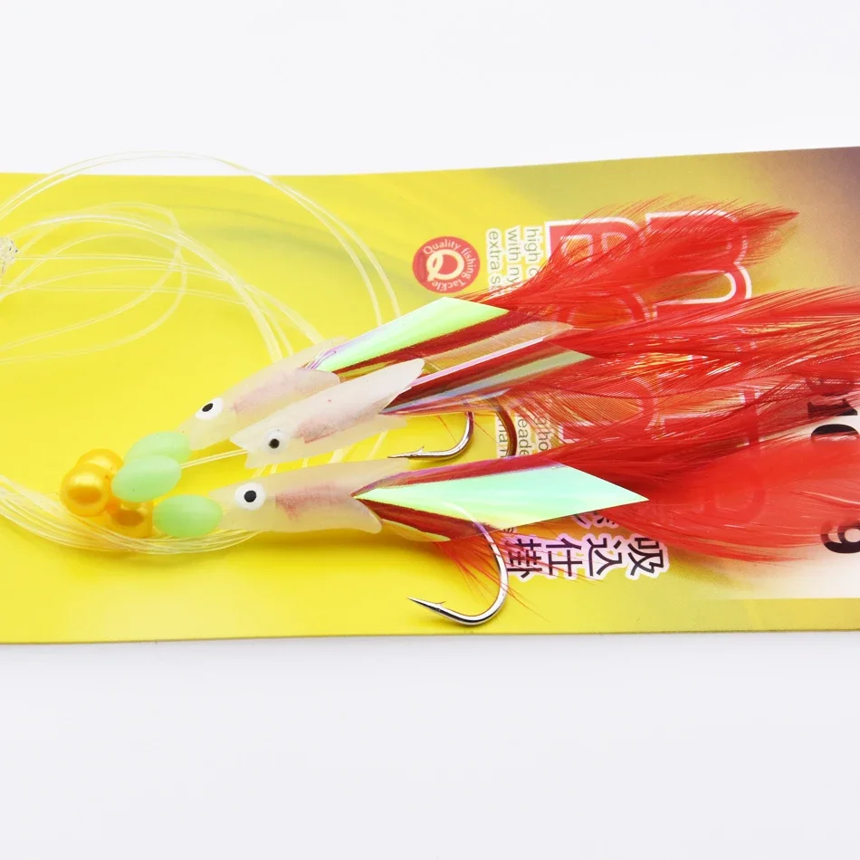 Sabiki señuelo de pesca suave, anzuelos de 3 colores, aparejos de pesca, cebo de cabeza de pez sabiki, señuelo de pesca de mar de plumas, 6 paquetes - imagen 5