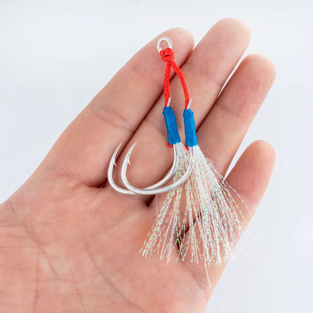 Gancho de ayuda de plantilla de Metal STBT, anzuelos dobles, anzuelo de Pesca de mar de acero rico en carbono, anzuelo brillante de fibra UV, Peche de Jigging lento para lubina - imagen 5