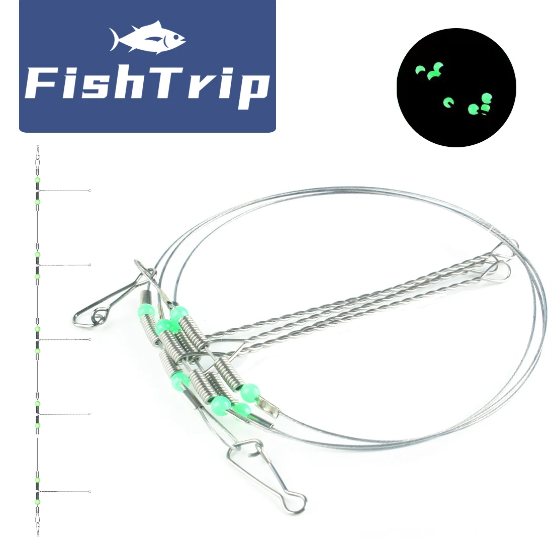 FishTrip-anzuelo de equilibrio de alambre de acero, aparejo de línea líder de pesca con broches, cuentas luminosas, accesorios de pesca de agua salada, 5 uds.
