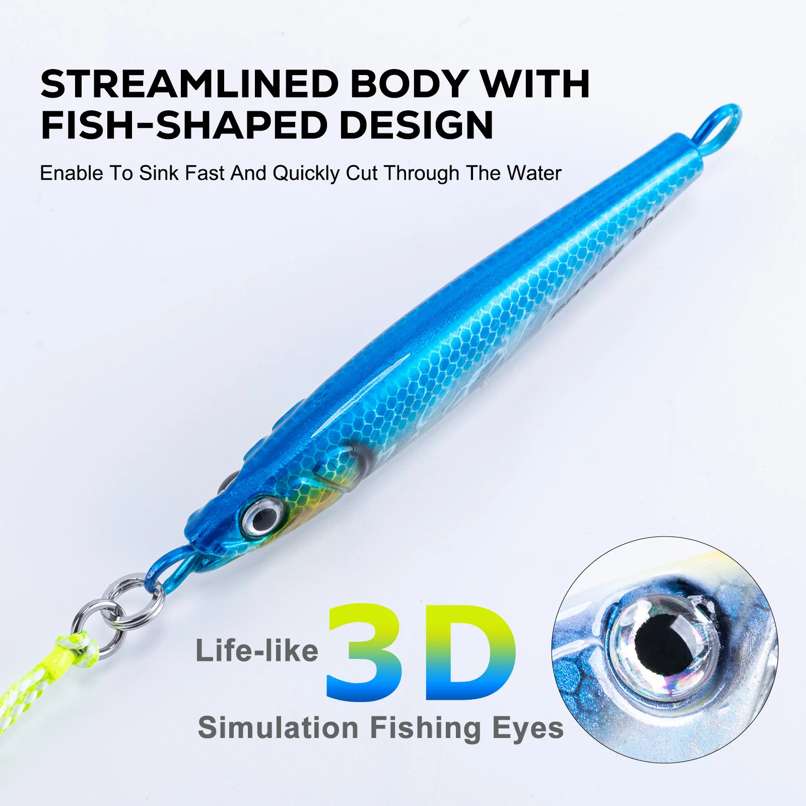 Goture Metal Jigging Lures 5pcs,60g/80g/100g/150g, 3D Lifelike Eyes Ultra-Sharp Hooks, Durable Glow in Dark Bionic Hard  Bait - imagen 4