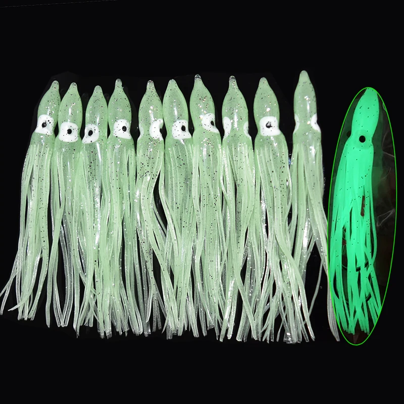 10 unids/lote 12cm falda luminosa de calamar pulpo de agua salada Señuelos de pesca de plástico suave faldas de curricán para lubina salmón trucha - imagen 3