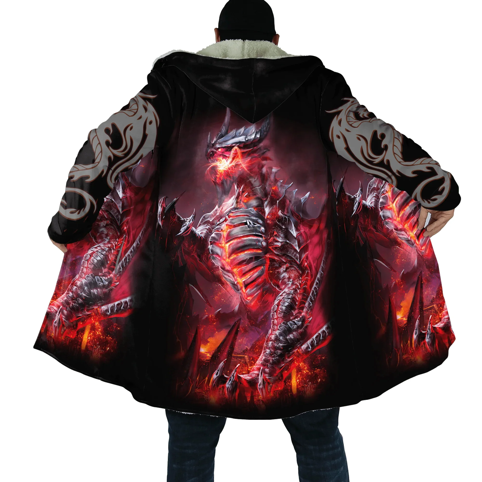 Capa con capucha de forro polar grueso Unisex, capa cálida informal con estampado 3D de dragón y Fénix, tatuaje de fuego de hielo, moda de invierno, DP32 - imagen 5
