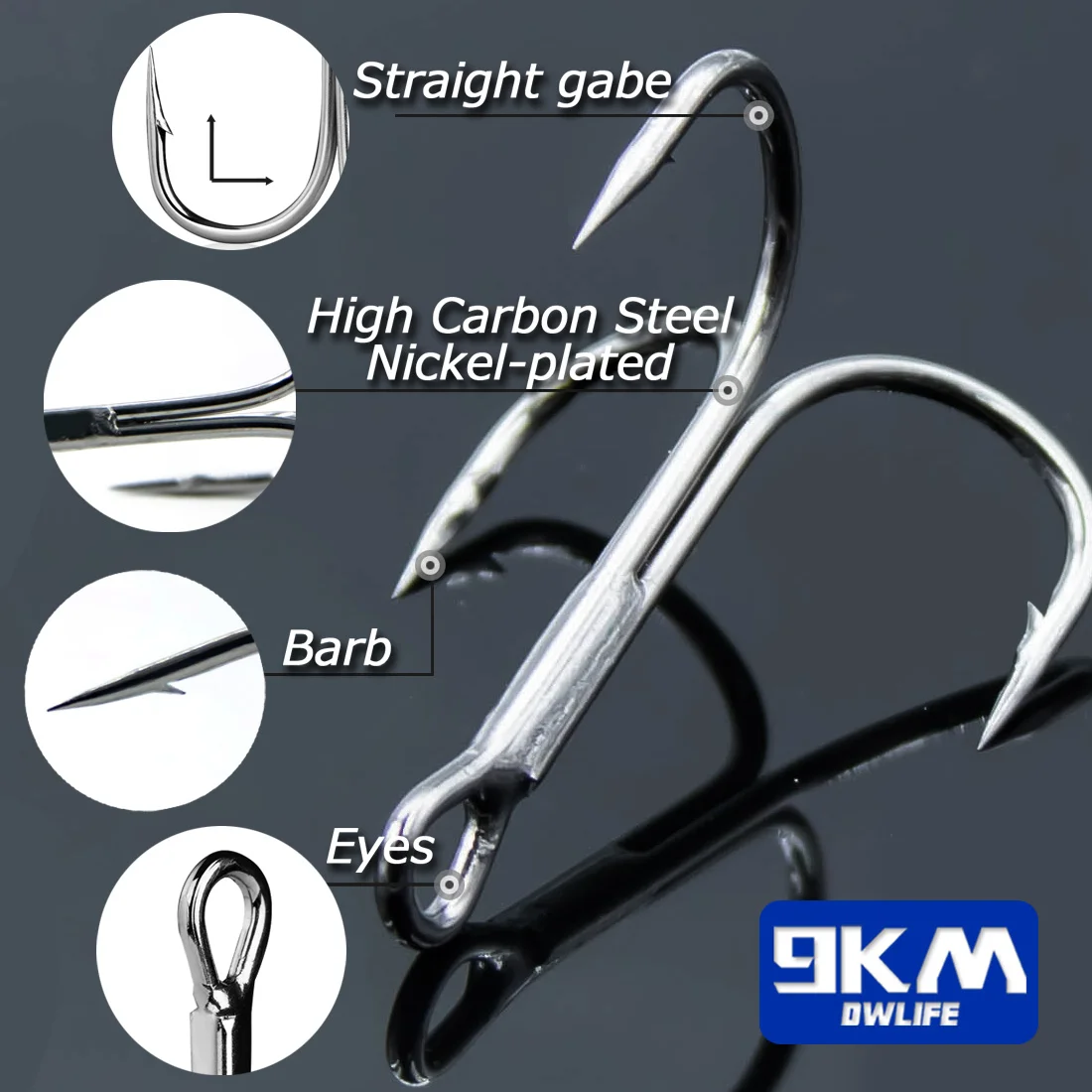 Kit de anzuelos triples de pesca de 9KM, 50/150 Uds., anzuelos de acero rico en carbono, curva redonda fuerte y afilada para señuelos, cebos, lubina de agua dulce y salada - imagen 3