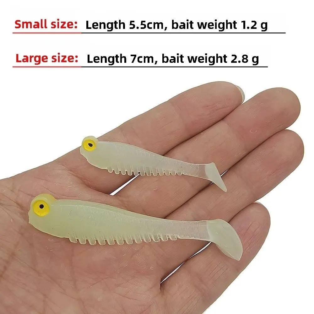 20 Uds. Señuelos de pesca blandos 5,5 cm 7cm pequeño Artificial cola en T señuelo de gusano aparejos de pesca de lubina Wobblers Swimbaits cebo Jig pesca - imagen 4