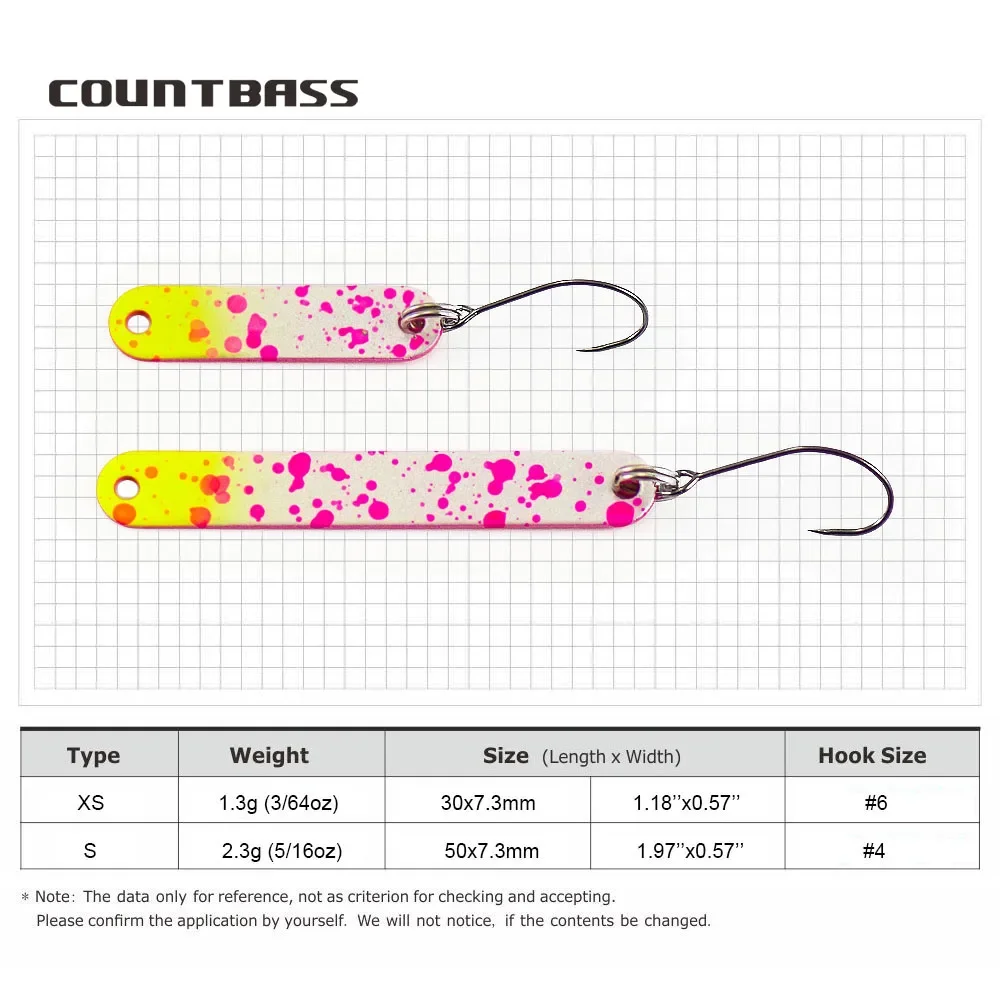 COUNTBASS 3/64oz 1,3g, 5/64oz 2,3g cucharas de trucha de latón con anzuelo sin púas colores UV cebos de pesca Lucio Señuelos de pescador - imagen 3