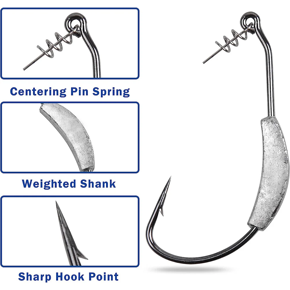 20 unids/caja de anzuelos de natación ponderados con bloqueo giratorio, Kit de anzuelos de pesca con cabeza de anzuelo sin malezas para agua salada, anzuelos de gusano de plástico suave de amplia espacio - imagen 3