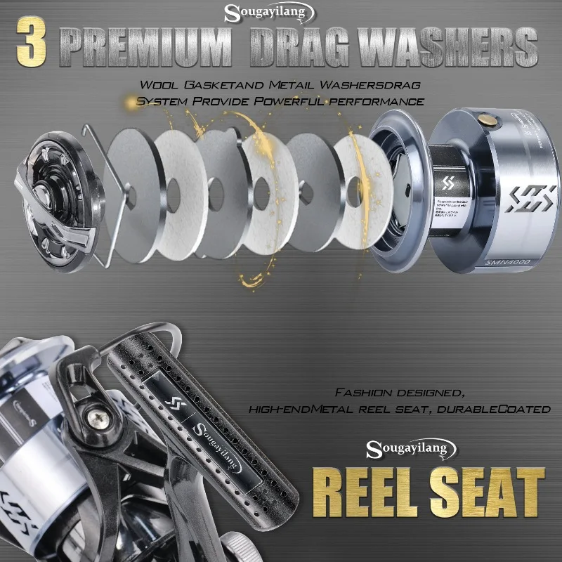 Sougayilang-carrete de pesca giratorio 1000: 1, bobina de Metal con mango Eva para agua salada y agua dulce, arrastre máximo de 8KG, 4000-5,0 - imagen 5