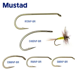Mustad 30 Uds anzuelo de atado de pesca con mosca con púas Color bronce Caddis/huevos/ninfa/strelbero/seco/gancho húmedo para trucha salmón Steelhead Bass