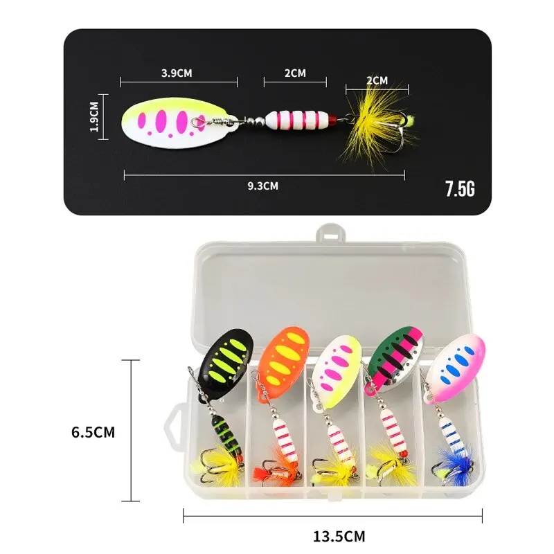 5pcs Vissen Lokken Pailletten Set Spinner Lepel Aas Met Treble Veer Haak Wobblers Lokt Voor Zee Visgerei Accessoires - imagen 3