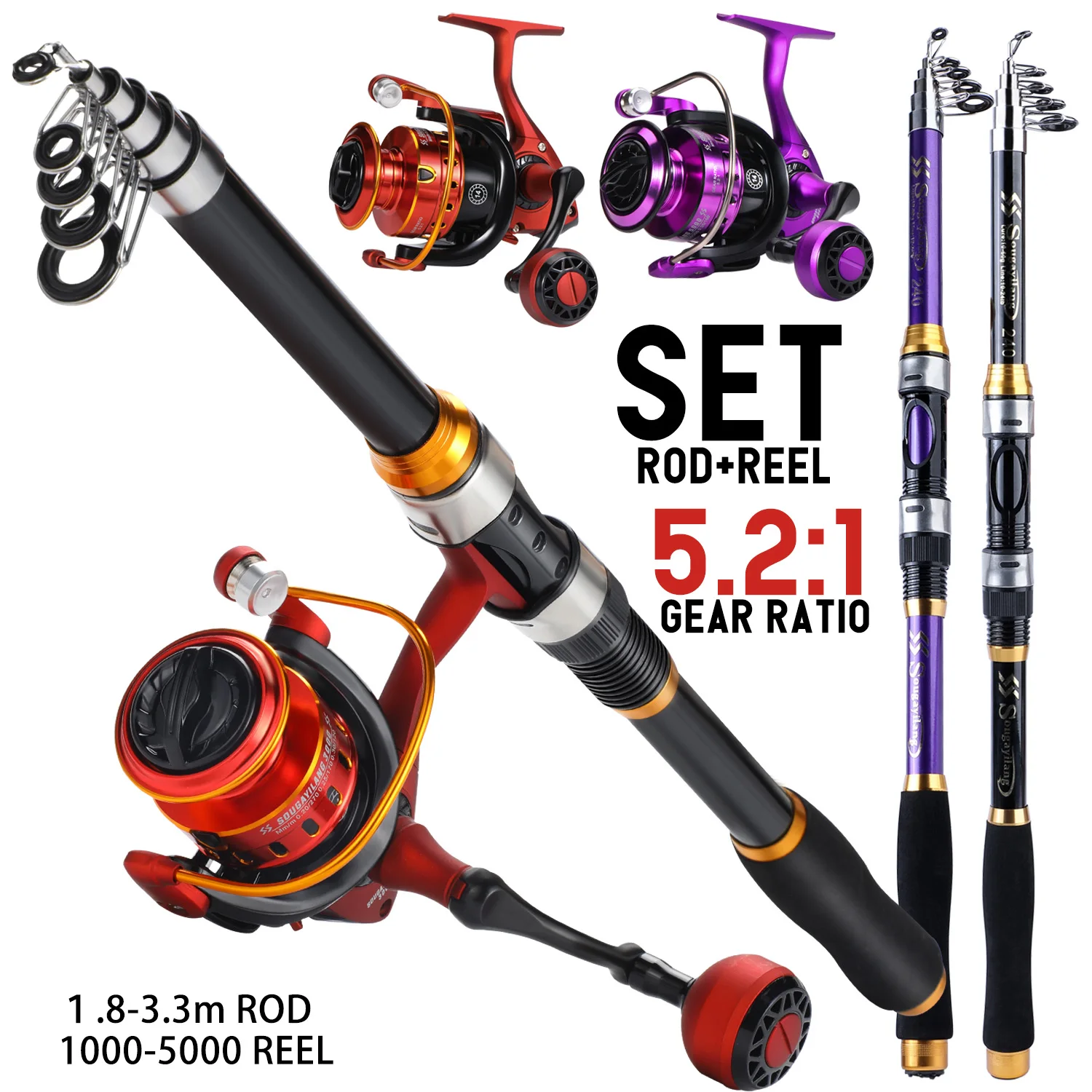 Sougayilang-Juego combinado de caña de pescar giratoria, caña de 1,8-3,3 m y carrete de 1000-5000, caña de pescar telecópica completa, pesca en agua dulce