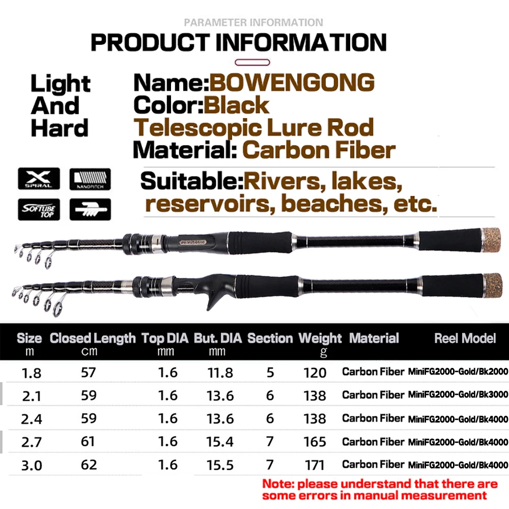 Caña de pescar giratoria de fundición, Combo de 1,8-2,4 M, cañas telescópicas de alto carbono y carrete de Baitcasting 7,2: 1, aparejos de Pesca para trucha lubina - imagen 3