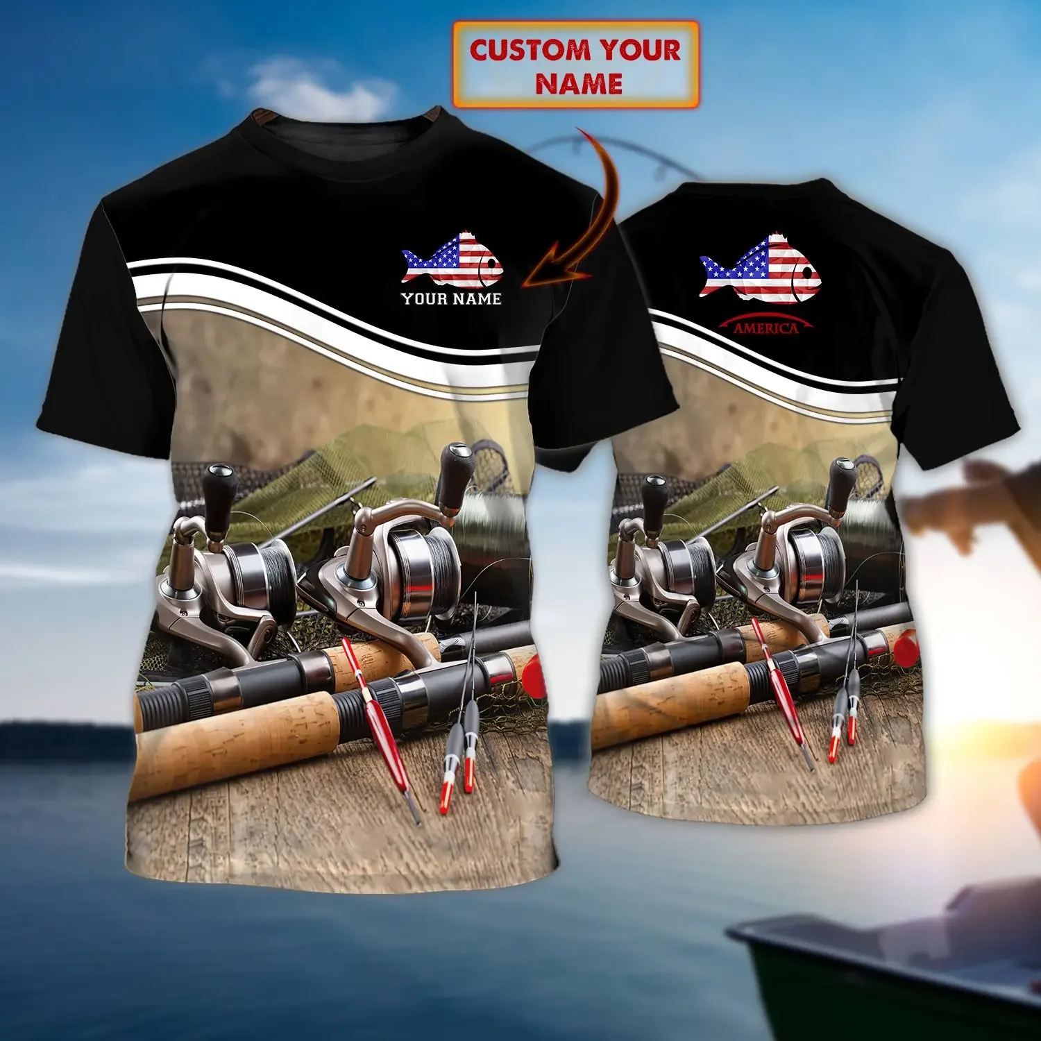 Camiseta Vintage de pesca con nombre personalizado 3D completamente estampado para hombre, pantalón corto informal Unisex de verano fresco, camiseta de manga TX263