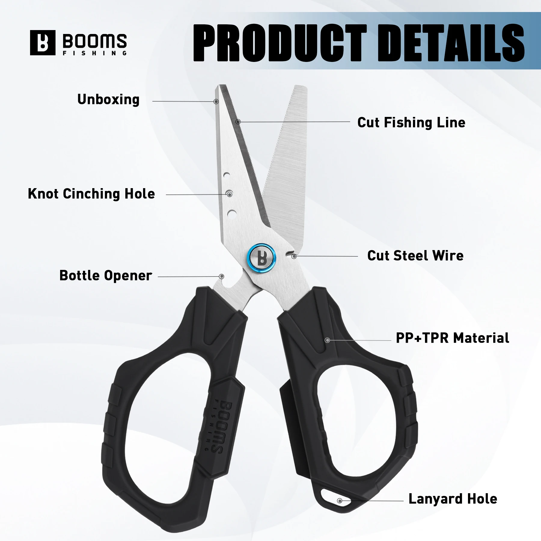 Booms Fishing S04 tijeras de pesca para línea trenzada cortador de línea de pesca de 6,1 pulgadas tijeras dentadas de pesca con herramientas abridoras de botellas - imagen 2