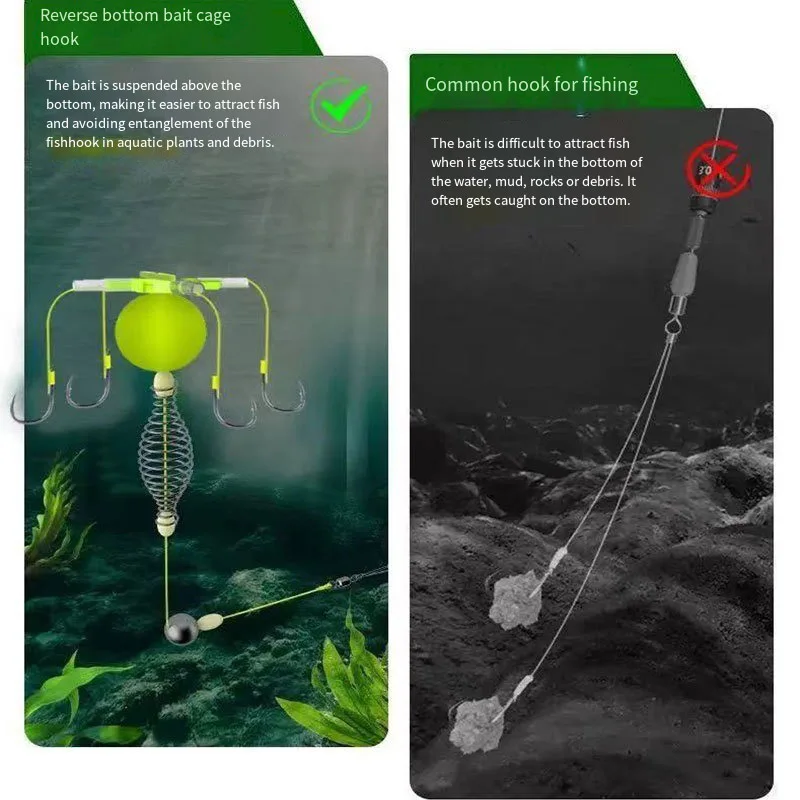 Jaula para cebo de pesca con gancho de cuerda, cuatro ganchos, línea de acero al carbono, alimentador de grupo, flotador de plomo, herramientas para jaula de cebo de primavera, 2025 - imagen 4