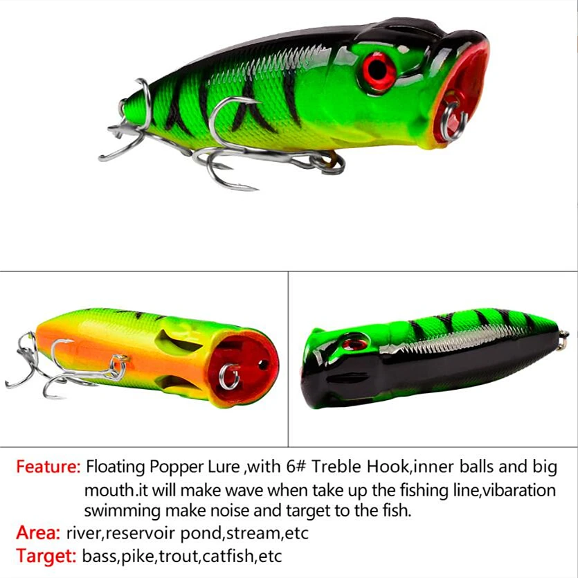 1 Uds. Señuelos de pesca Popper Wobblers 6,5 cm 12g Topwater Crankbait cebo duro de plástico Artificial aparejos de pesca de Lucio