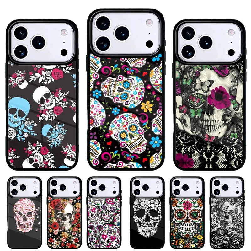 Funda iPhone Calavera y Flores – Diseño retro para 13‑15‑17 y Pro Max