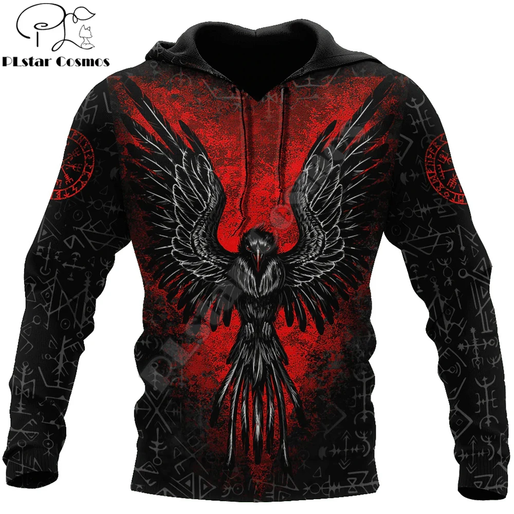 Sudadera con capucha y cremallera Unisex, chándal informal con estampado 3D de cuervo, tatuaje, Vegvisir, color rojo, KJ900