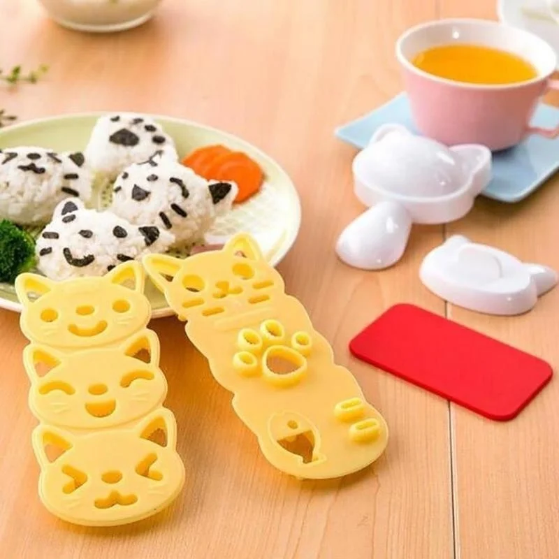Juego de moldes para bolas de arroz con forma de gato y conejo, fiambrera de dibujos animados para niños, herramienta creativa para Sushi de arroz japonés, moldes para pasteles, moldes de silicona - imagen 3