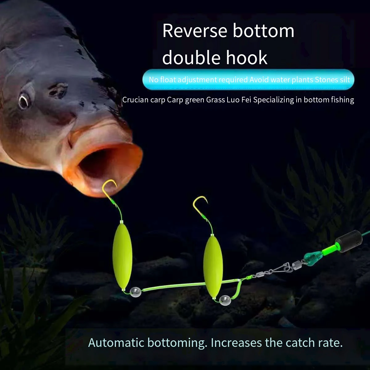 1 unidad de 2 anzuelos, aparejos de pesca para el cabello, anzuelo Iseni, anzuelo de pesca de carpa, listo para usar, tamaño 3 # -13 #   Señuelo de pesca de aparejos de carpa