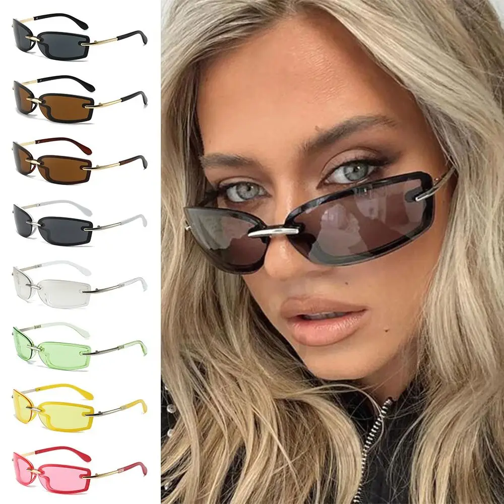 Gafas de sol cuadradas sin montura a la moda, Color caramelo, protección UV Y2K, gafas de sol para mujer, patillas de Metal, tonos futuristas - imagen 4