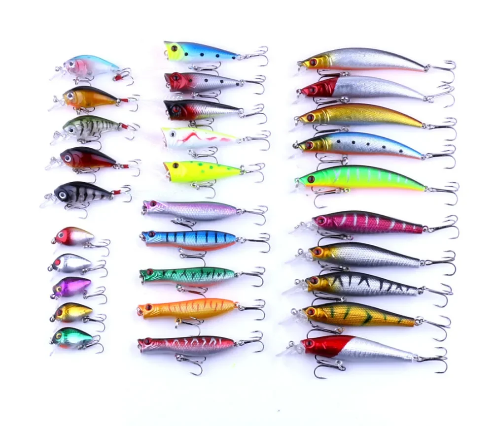 30/42/56 Uds Kit de Señuelos de Pesca tamaño mixto Minnow Popper Crankbait cebo con anzuelo Peche señuelo de pescado conjunto de aparejos de pesca