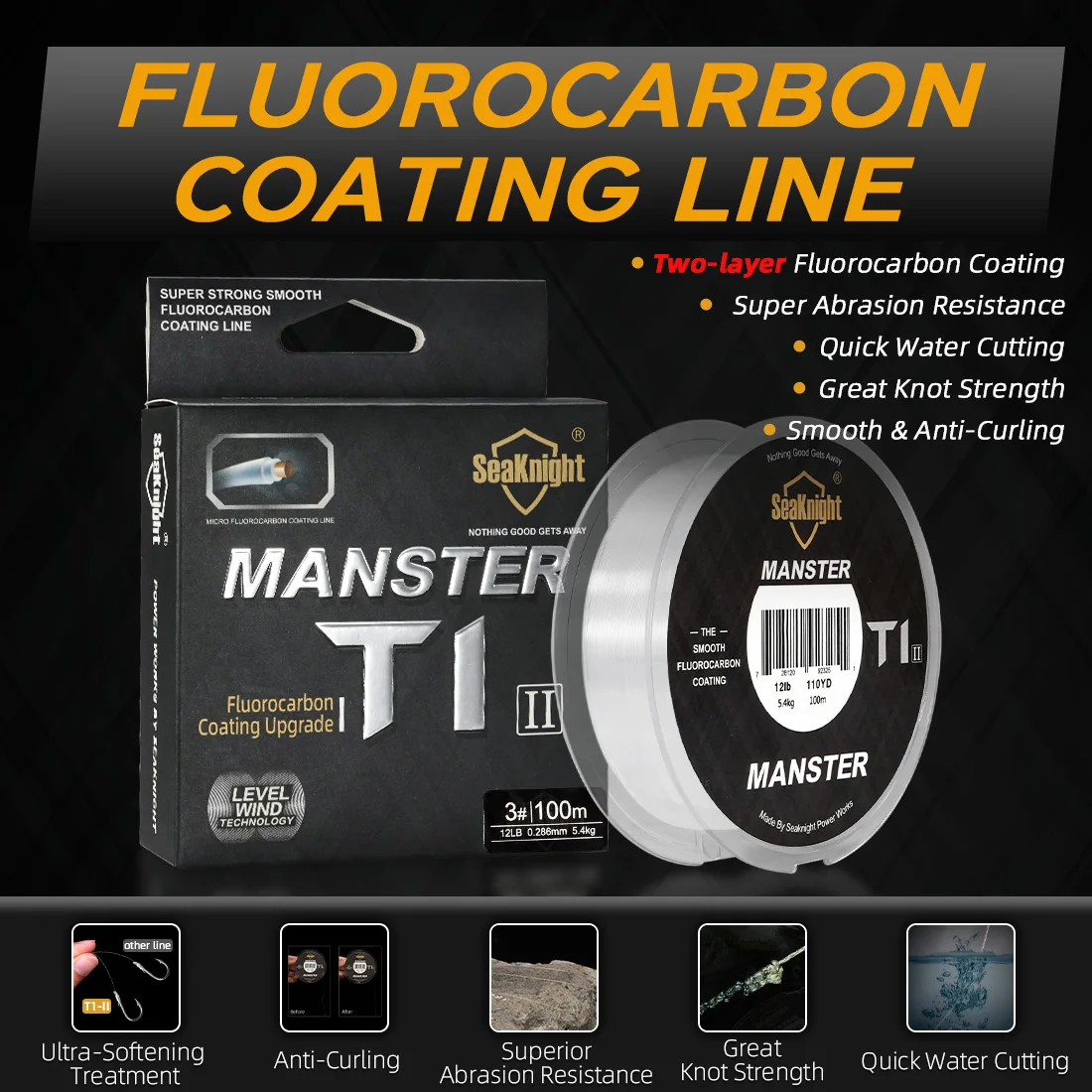 Línea de carbono SeaKnight MANSTER T1-II/T2, línea de nailon fuerte, línea líder de 100M, línea de carbono con revestimiento de fluorocarbono 0,8 # -8.0 #   3LB-35LB - imagen 5