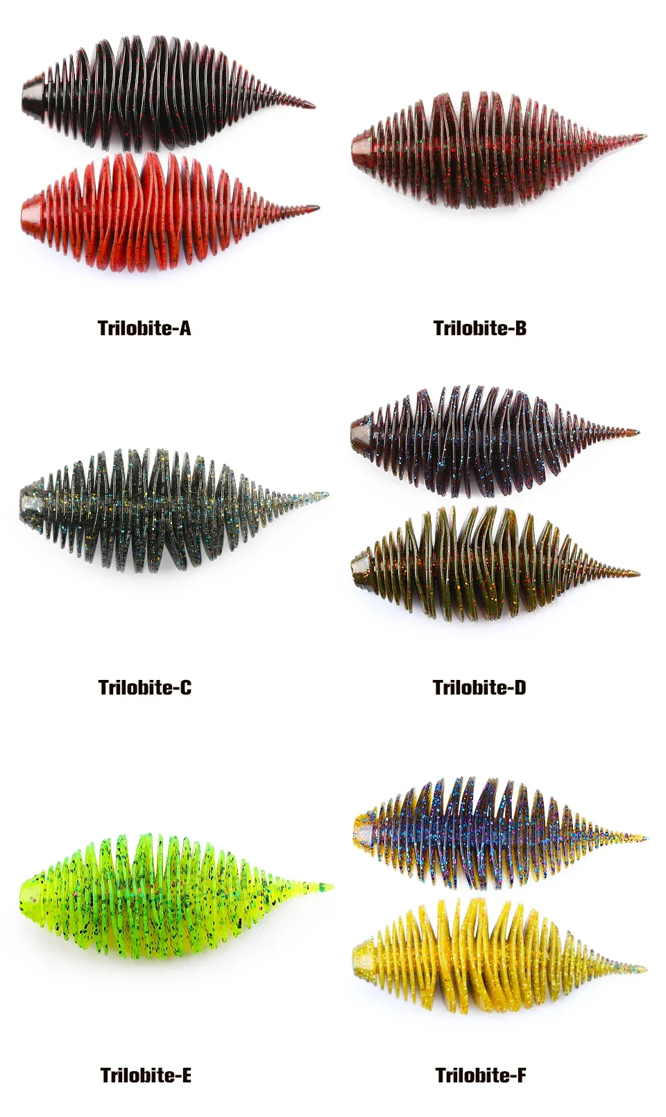 Explore la diversa gama de señuelos de pesca de trilbite con colores vibrantes y diseños únicos para un rendimiento de pesca óptimo