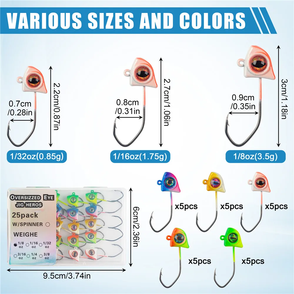 25 uds Crappie Jigs cabezas 1/32OZ 1/16OZ 1/8OZ ojos 3D pesca Jig Head gusano anzuelos para Crappie Panfish lubina señuelo pesca - imagen 2