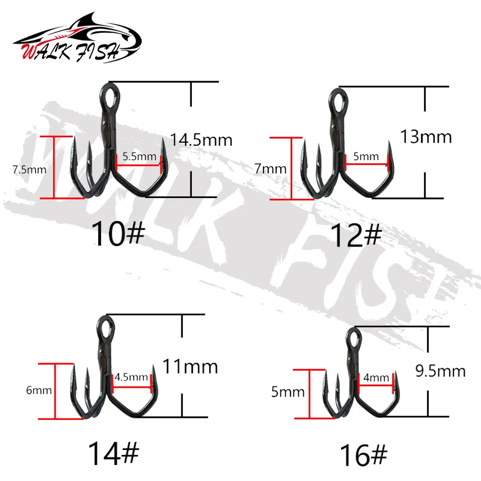 WALK FISH 10 Uds. Gancho triple de Color negro ganchos de alta resistencia 10 #   12 #   14 #   16 #   Anzuelo de pesca de agua salada de acero rico en carbono - imagen 2
