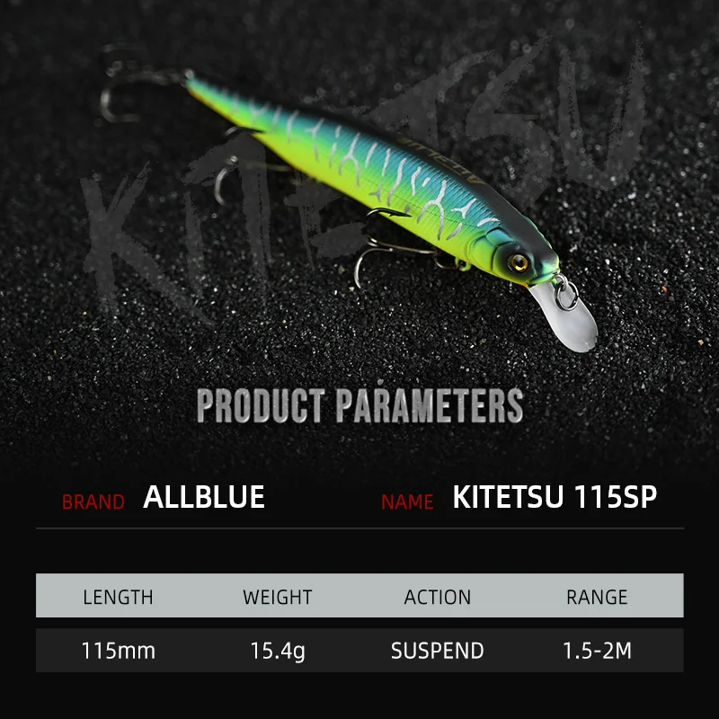ALLBLUE KITETSU 115SP Wobbler-señuelo de pesca suspendido, 115mm, 15,4g, pececillo de plástico duro, perca para lubina, aparejos de cebo Artificial - imagen 4