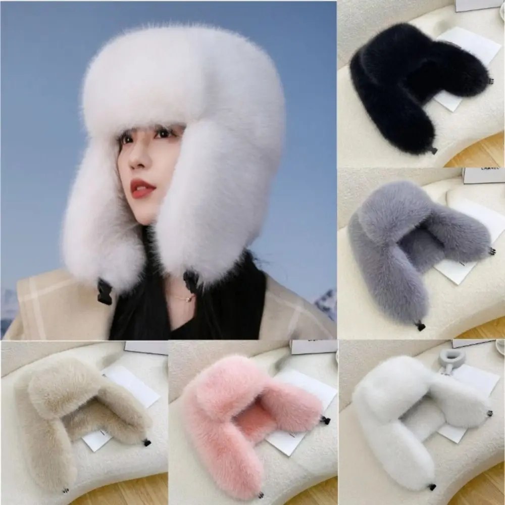 Gorro de piel sintética suave y grueso, gorro con protección para los oídos esponjoso a prueba de viento, orejeras cálidas ajustables, gorro ruso para invierno